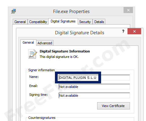 Screenshot of the DIGITAL PLUGIN S.L.U certificate
